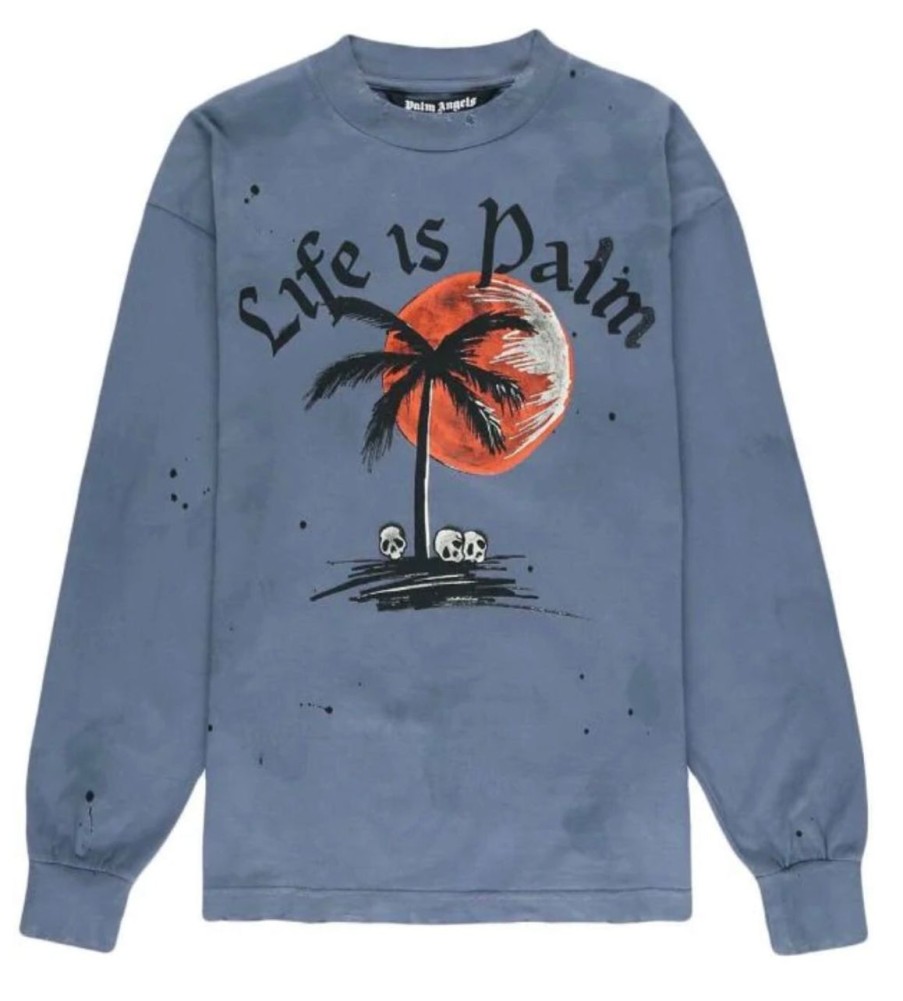 T-Shirts 305 Kicks | Palm Angels Long Sleeve Distressed Blue T-Shirt